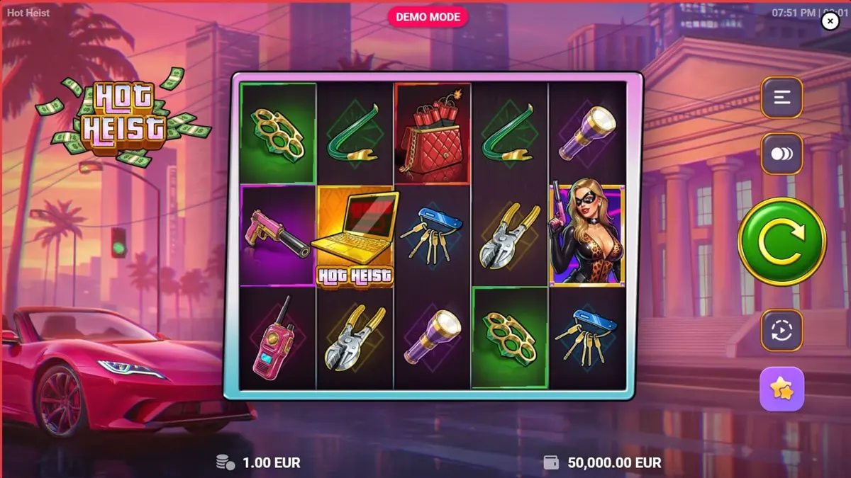 Tampilan visual neon dari slot Hot Heist dengan elemen tema perampokan