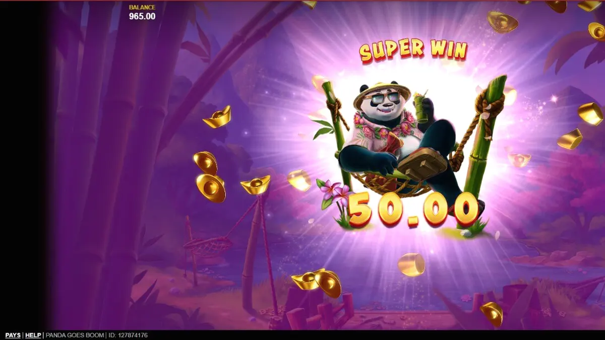 Panda Goes Boom slot game screen featuring a panda and golden symbols