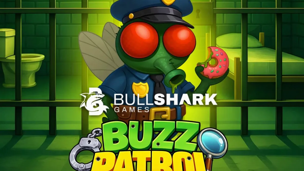 Tampilan visual slot Buzz Patrol dengan karakter lalat polisi yang lucu dan latar belakang urban yang penuh warna.